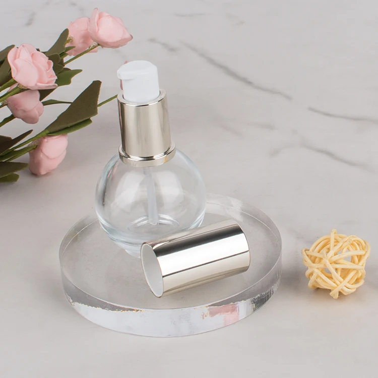 Empty foundation glass bottle 30ml pump head spray bottle for sale makeup packing details