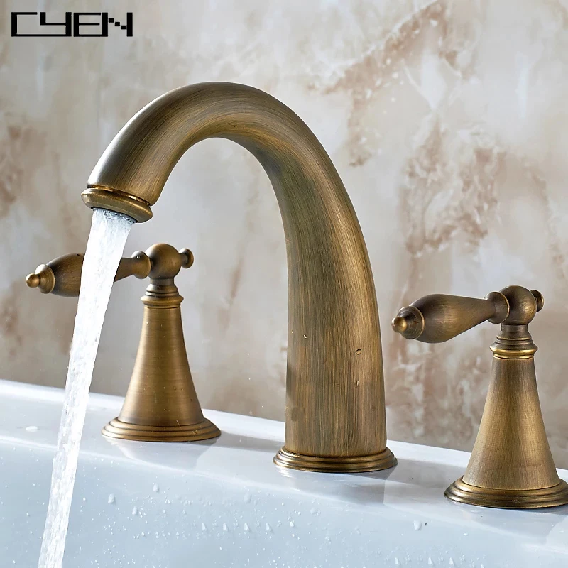 brush nickle 3 hole dual handle artistic brass bathroom faucet