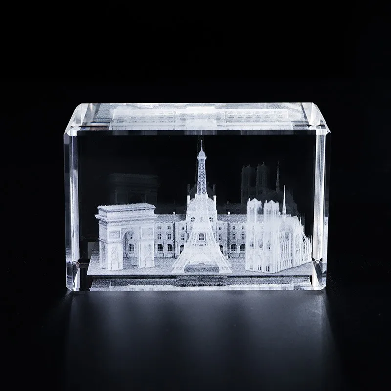 Small-bridge 3D laser crystal cube famous building Triumphal Arch Eiffel Tower tourist gift factory