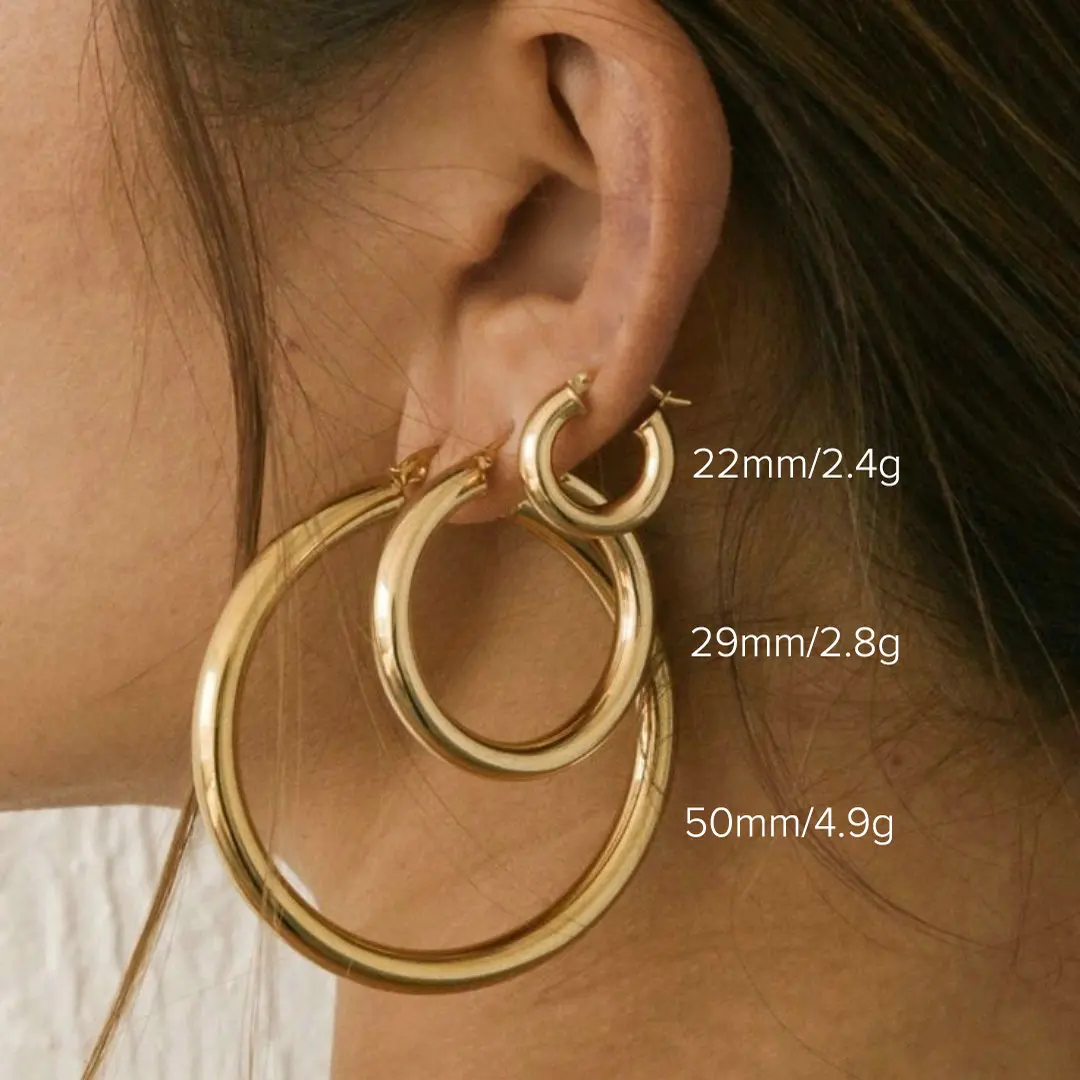 22mm 29mm 50mm Thick Gold Plated Hoop Earrings Big Large Smooth Huggie 