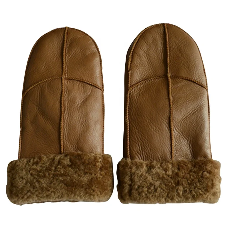 Fur Mittens Womens Sheepskin Leather Fur Lined Gloves For Winter Fully