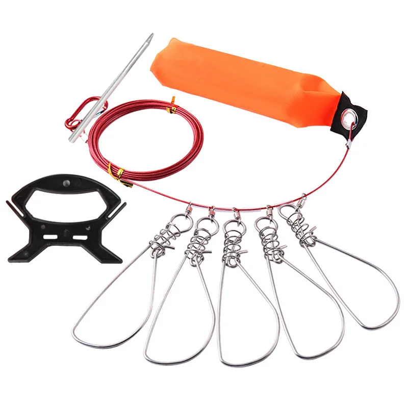 16FT Heavy Duty Stainless Steel Fish Stringer Lock with 5 Buckles Fishing Rope Lanyard Fishing Gear Kit Tackle Tool 