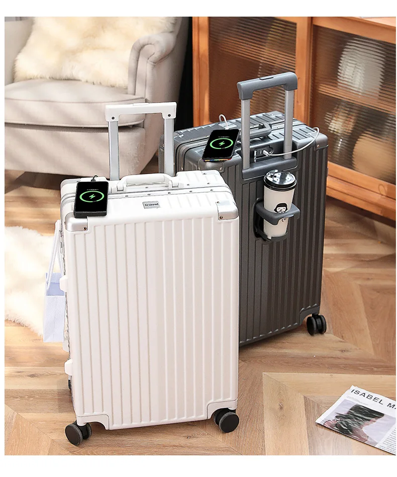 product 29 inch multifunctional pc trolley universal wheel spinner usb charging port aluminum frame new cup holder cartoon hard case-24