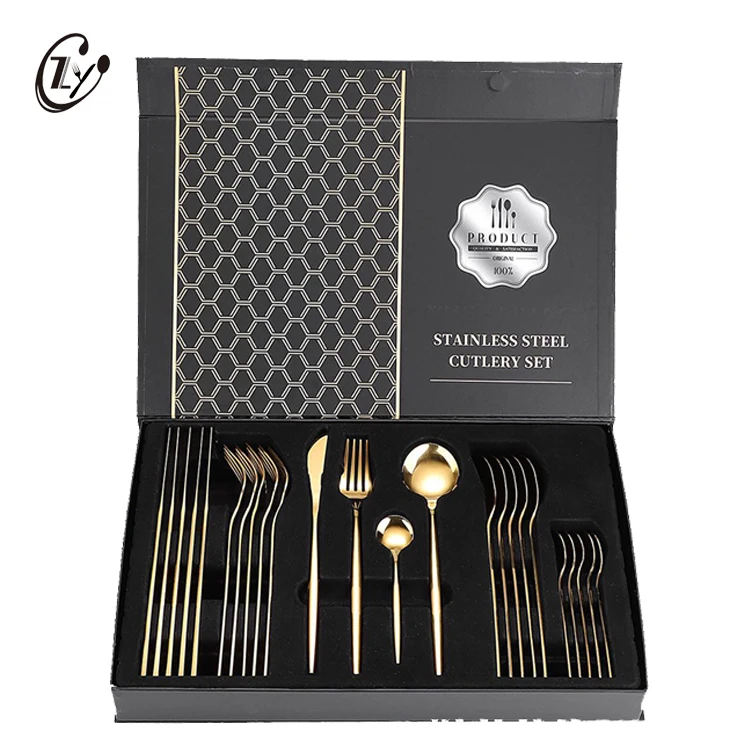 
Luxury Wedding Gift 24 Pieces Knife Spoon Fork Sets Gold Plated Flatware Stainless Steel Cutlery Sets With Gift Box 