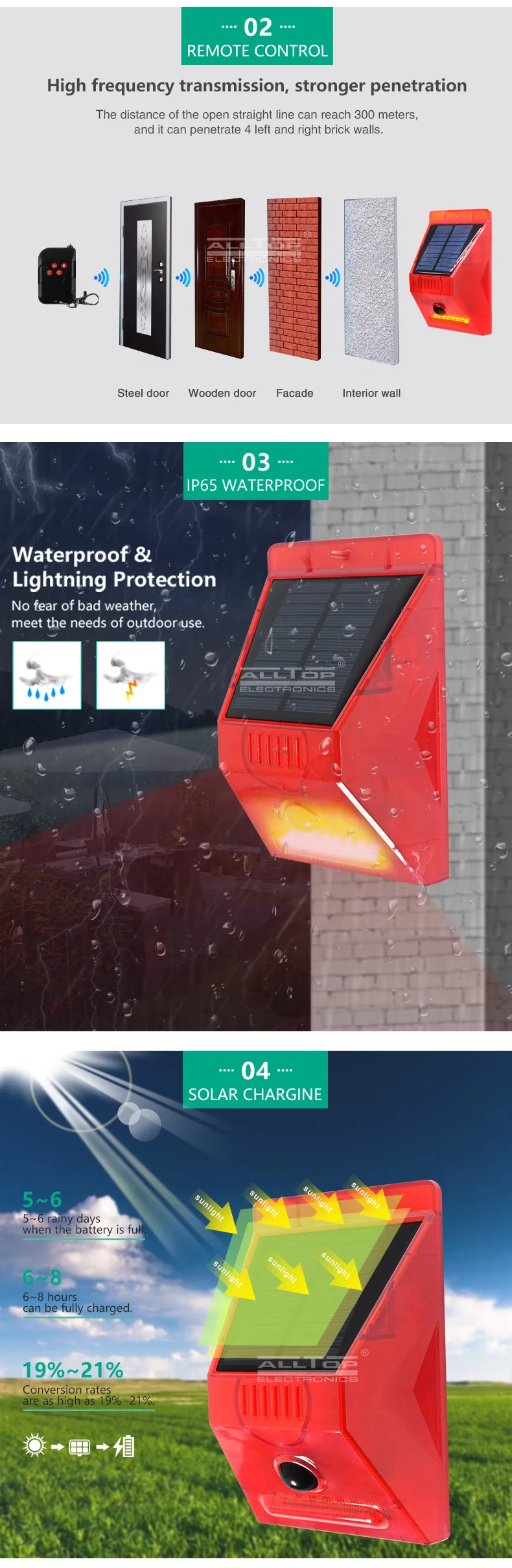 ALLTOP Supplier Hot On Sell Solar Alarm Warning Light With Remote Controlled Home Security Alarm Light