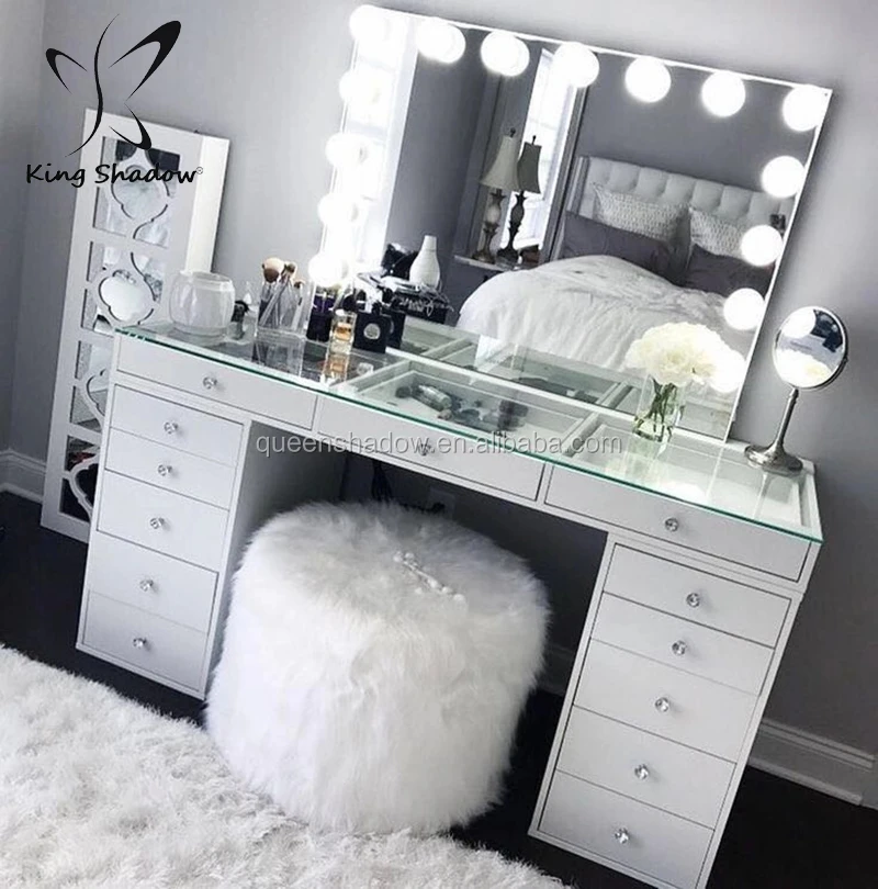 Beauty Makeup Vanity Table & Chair Set LED Lights Mirror Dressing Desk White 