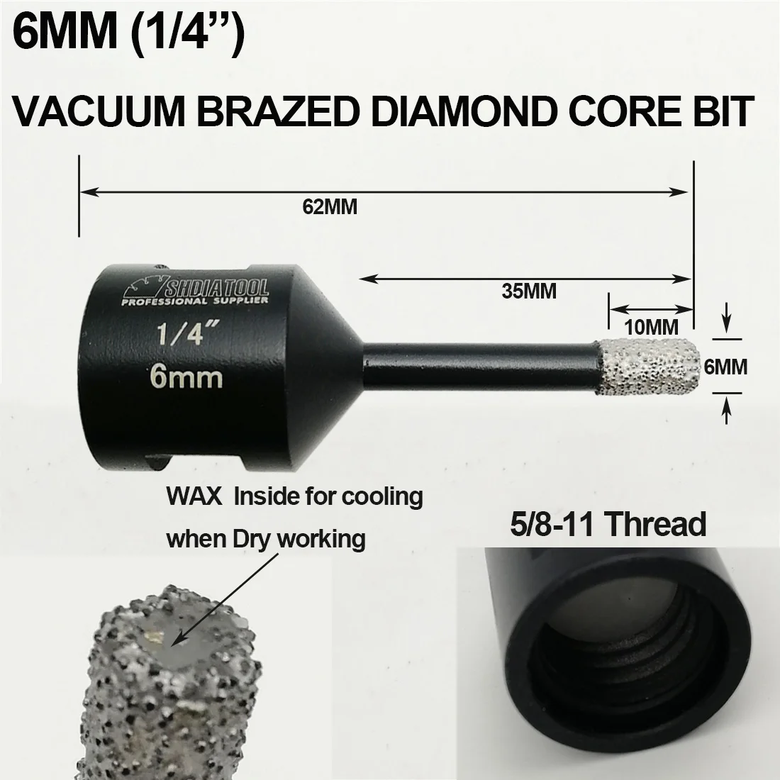 Drill bits Exquisite 1/4+3/8 SHENYUAN 2pcs/Set Vacuum brazed Diamond Dry Drilling with 5/8-11 Connection bits Diameter 6mm+10mm 