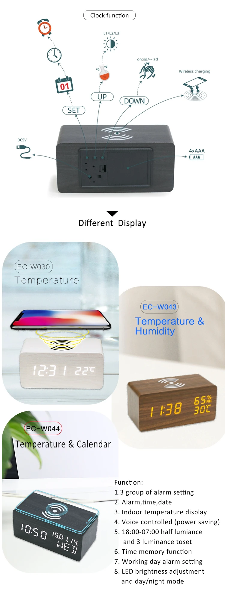 Factory wholesale Mobile phone 10W QI wireless charger digital alarm clock with calendar,temperature,date display