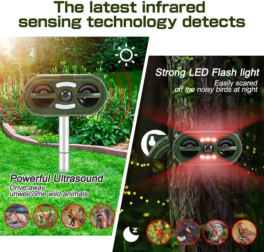 SAIJZEK OEM New Design Outdoor IP66 Solar Powered Animal Repellent Ultrasonic Deer Bat Cat Mouse Monkey Bird Repeller manufacture