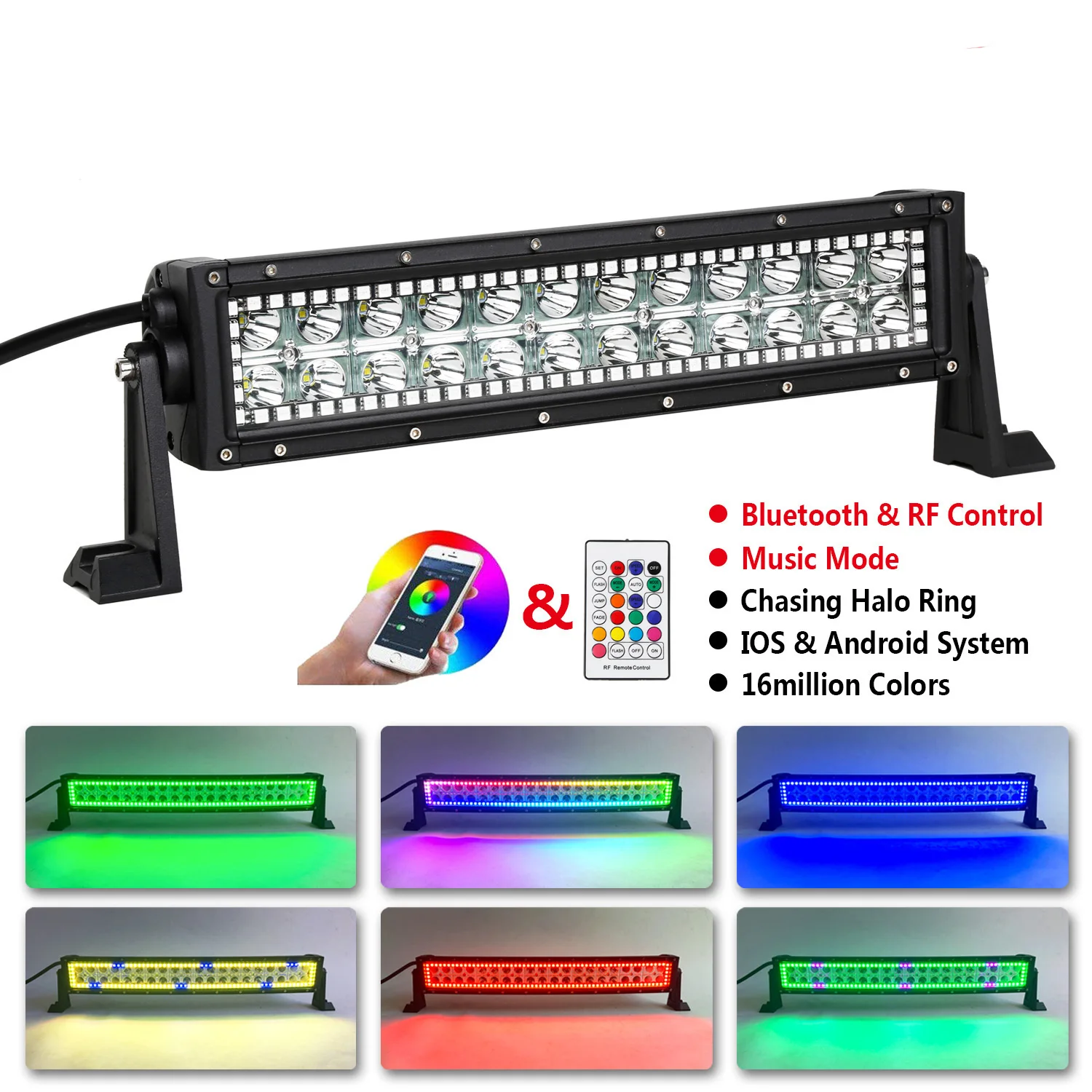 RGB Chsing design double rows 14 inch 72w led light bar with bluetooth&remote controlled lightbar for car auto lighting system