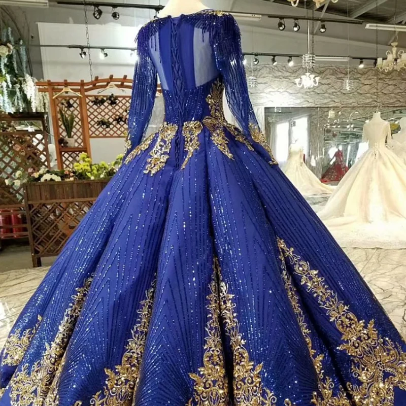 New Royal blue  Vintage Long Sleeves Wedding Dress Gold Lace Embroidery Appliqures Bride wedding Bride