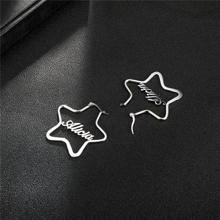Personalized Jewelry Stainless Steel Silver Star Hoop Earrings Custom Any Name Earrings For Valentines Day Gifts