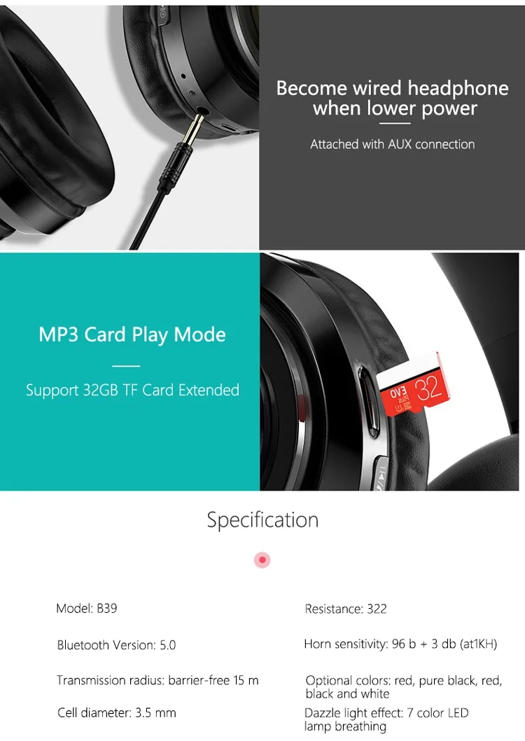 B39 headphone over ear wireless bt headset with microphone support tf card mp3 player with led colorful breathing lights - ANKUX.COM