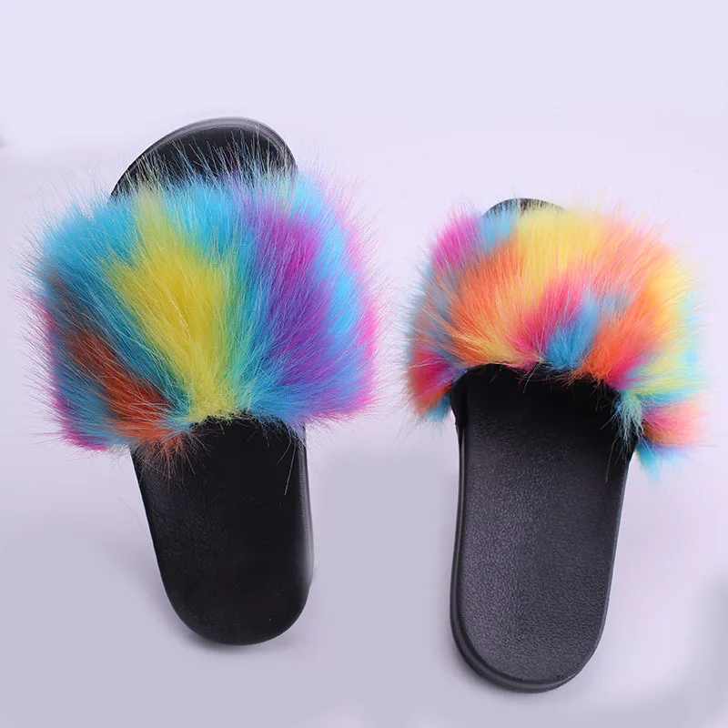 Colorful real fox fur slide fashion women fur slippers ladies slide sandals with wholesale price