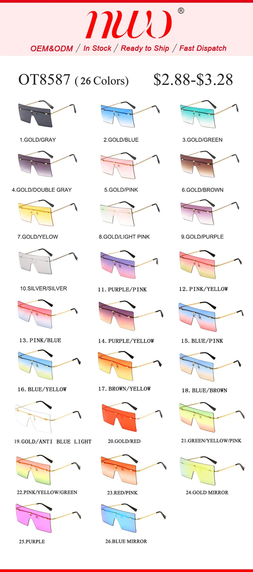 NWOGLSS 8587 Colorful Oversized Square Rimless Summer Shades Sunglasses