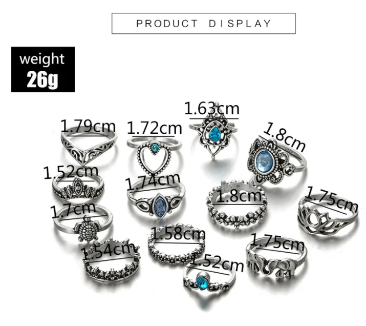 New animal ring retro fashion hollowed-out lotus crown diamond peach heart elephant ring 13-piece set