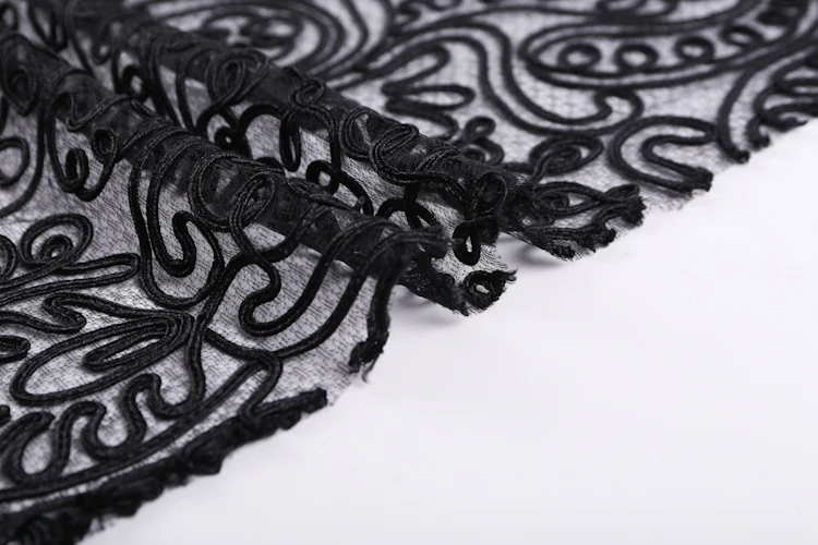 涤纶黑色新款手工织带绳刺绣蕾丝薄纱面料沙滩衬衫s-9273