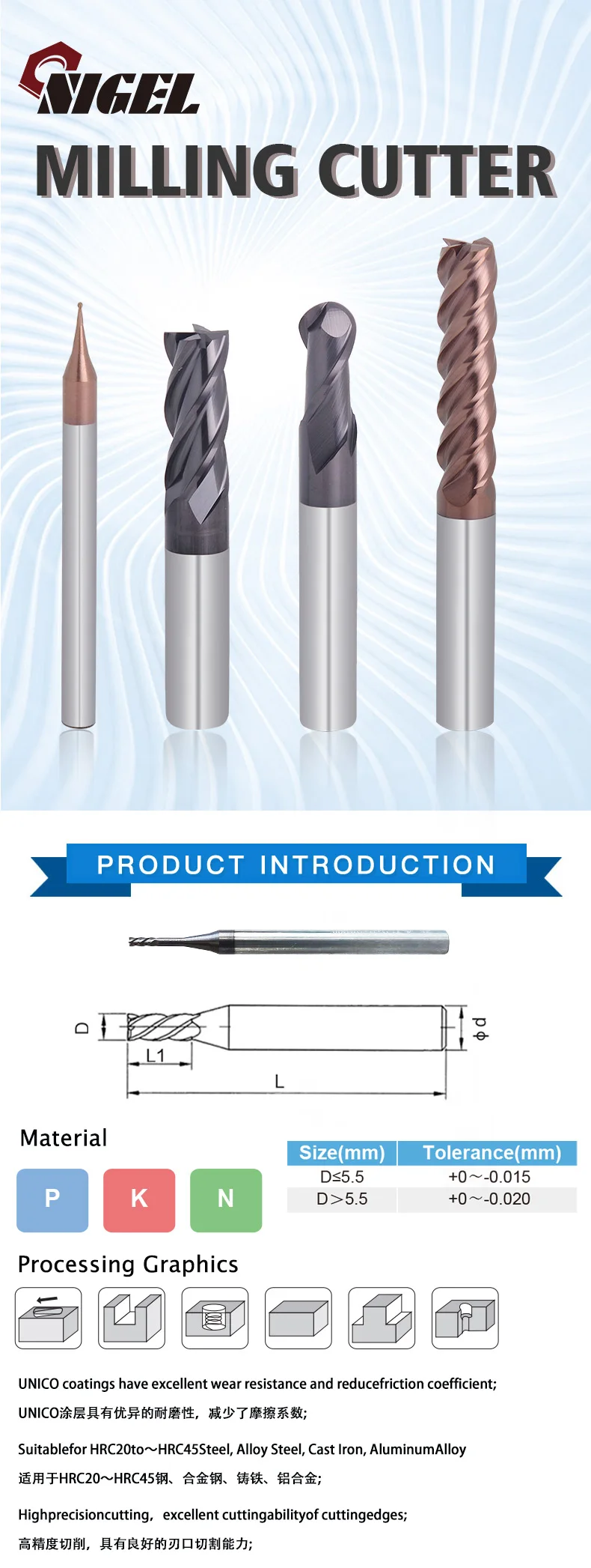 High Performance Diameter 20mm HRC45 Standard Length 4 Flute End Mill Sizes Carbide Cutting Tools