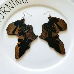 Hiphop Accessory African Brown Wood Africa Map Earring Tribal Engraved Tropical Wooden Earring For Women