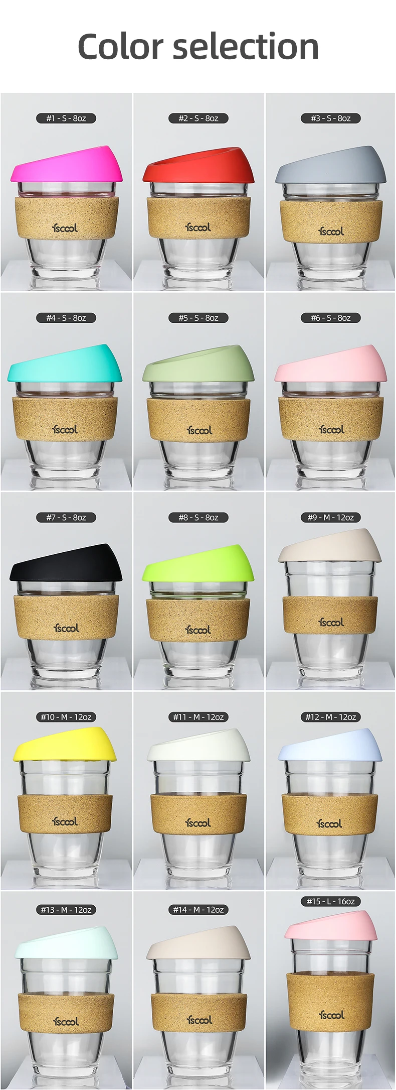 Fscool Wholesale Custom 12 oz Eco Friendly Reusable Silicone Glass Coffee Cup With Cork Sleeve