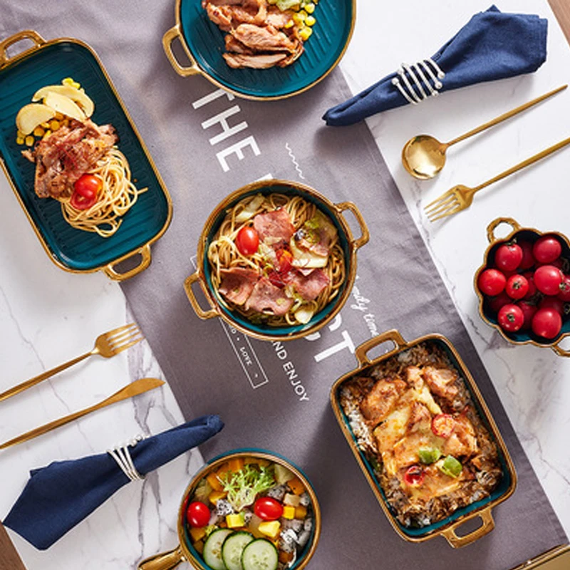 Luxury Ceramic Phnom Penh Dinner Plate Salad Steak Plate Binaural Baking Pan Dish Soup Bowl Single Handle Bowl Kitchen Tableware factory