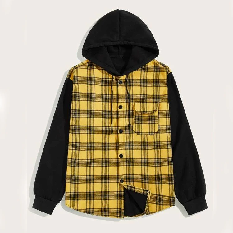men contrast tartan drawstring hoodie