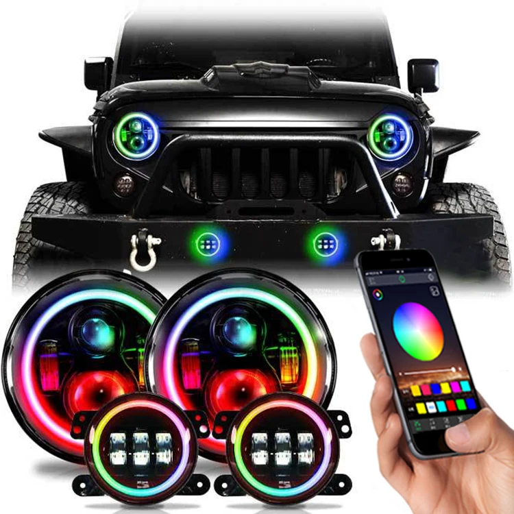 Vehicles accessories chasing color angel eye smart lighting headlight and fog light kit for Jeep