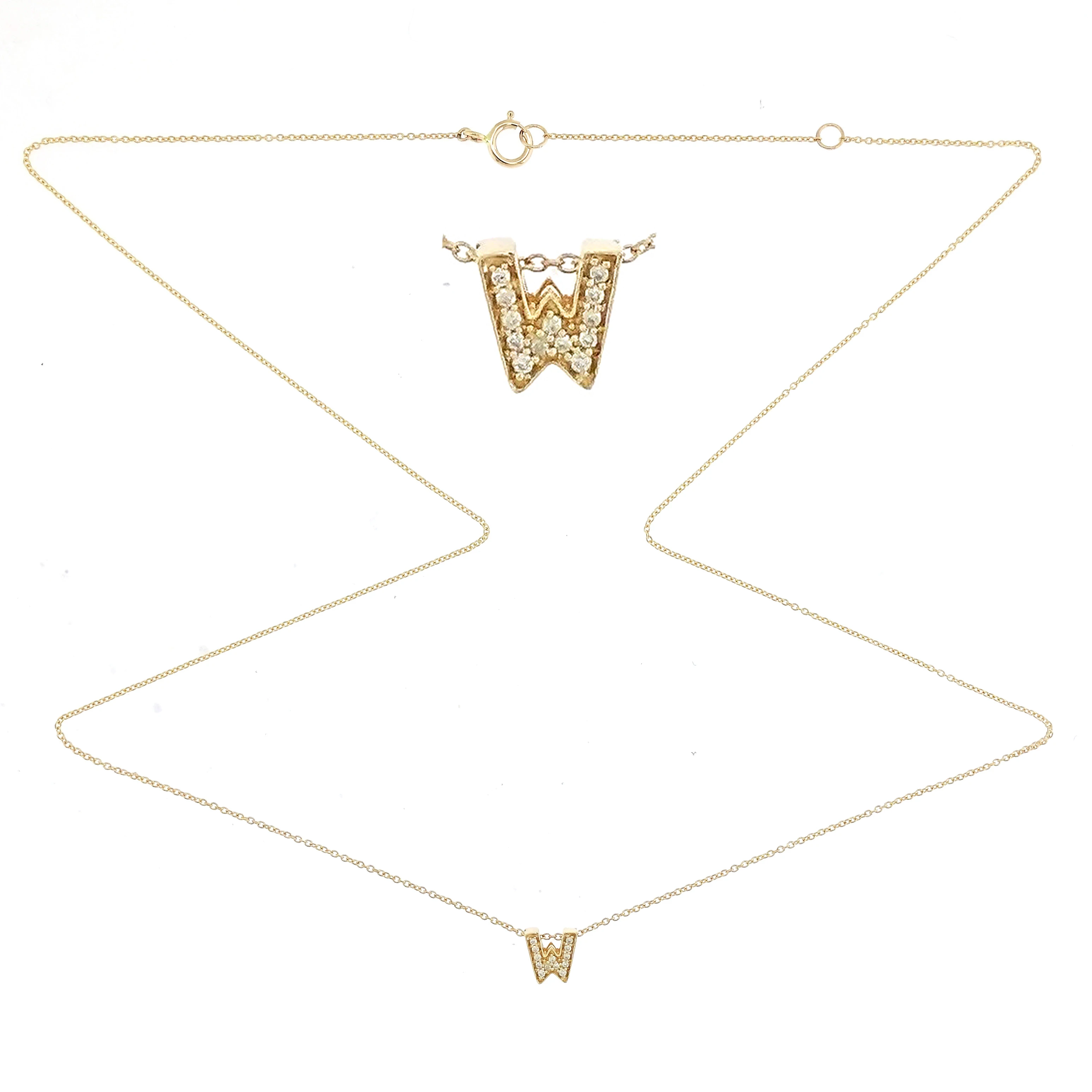Simple Design Memorial Trendy 18K White Gold Rose Gold Yellow Gold Diamond Alphabet W Pendant Necklace