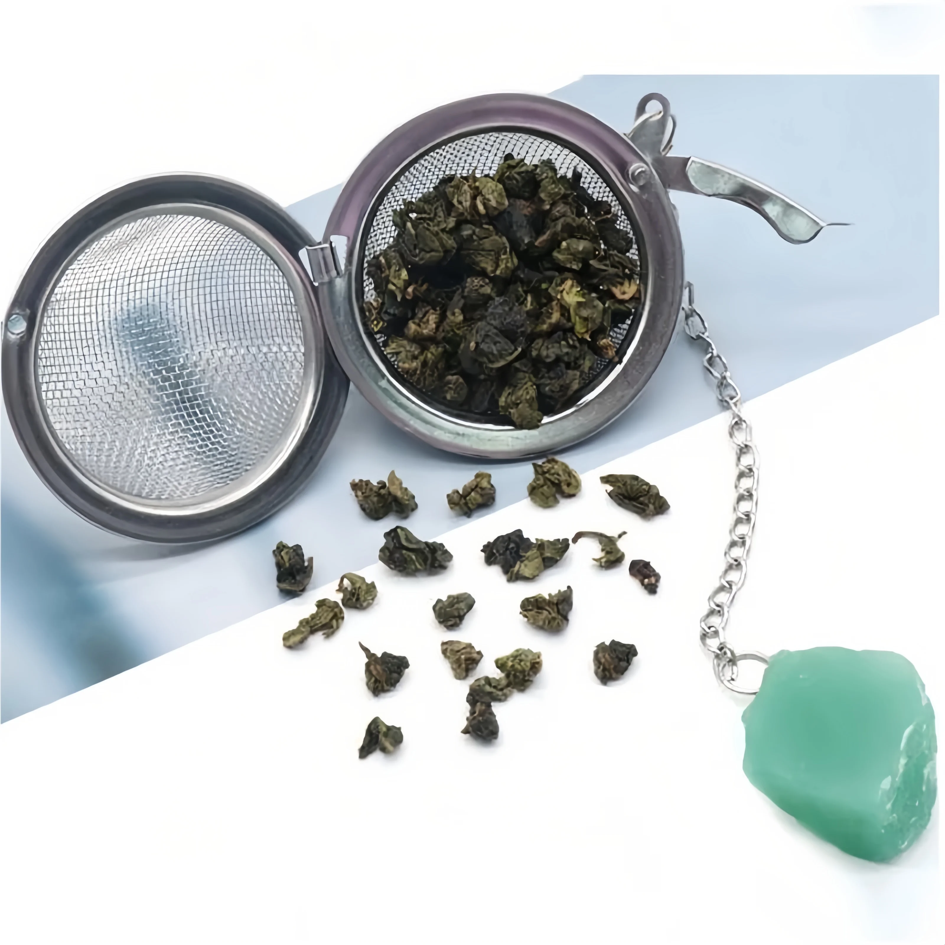 Custom Stainless Steel Chain Mesh Ball Tea Filter with Natural Crystal Stone Decorative Pendant Set for Coffee Tea supplier