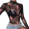 Wholesale Angel Print Black Mesh Crop Top Long Sleeve T-shirt Sexy Womens Streetwear Tops
