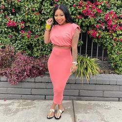 2021 Summer New Arrivals Solid Padded Shoulders Crop Top And Skirt Set Ladies Short Sleeve Casual Pink Two Piece Skirts Set
