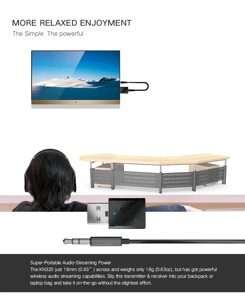 KN320 USB Bluetooth Transmitter Receiver, 2 in 1 USB Bluetooth 5.0 Transmitter Receiver AUX Audio Adapter for TV/PC/Car - ANKUX.COM