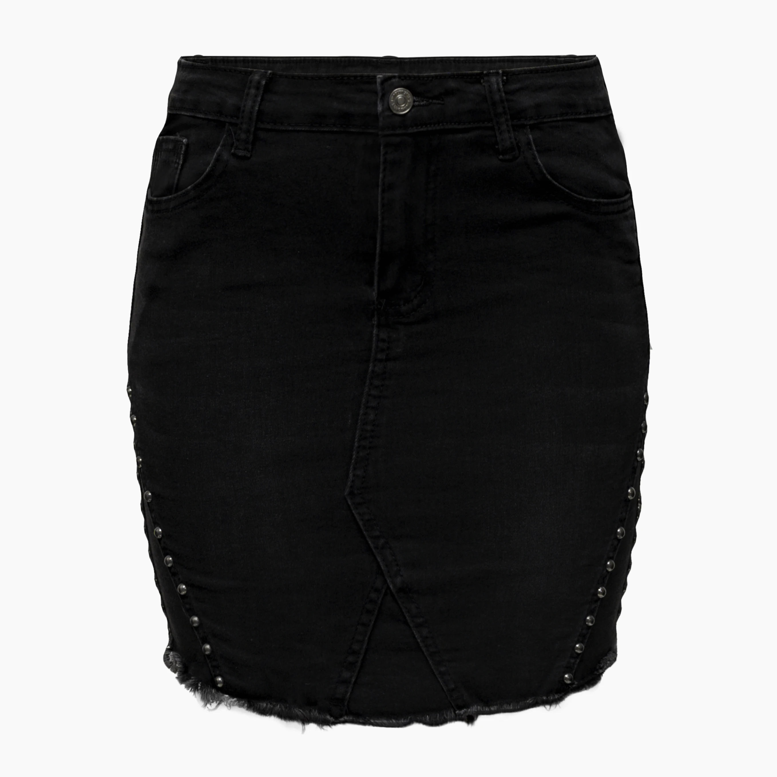 white denim skirt with black stitching