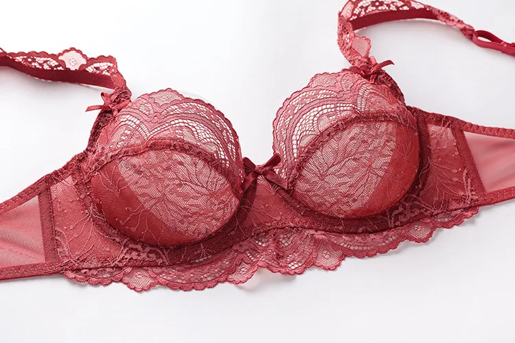 Women's Ultra-Thin Non-Sponge Transparent Lace Bra Set Floral Embroidered Sexy Underwear Large Chest Breathable Plain Dyed Waist