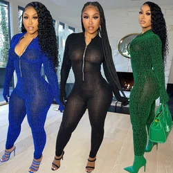 Fall Winter Outfits Womens Sequin Mesh Jumpsuit With Gloves One Piece Zipper Fashion Romper