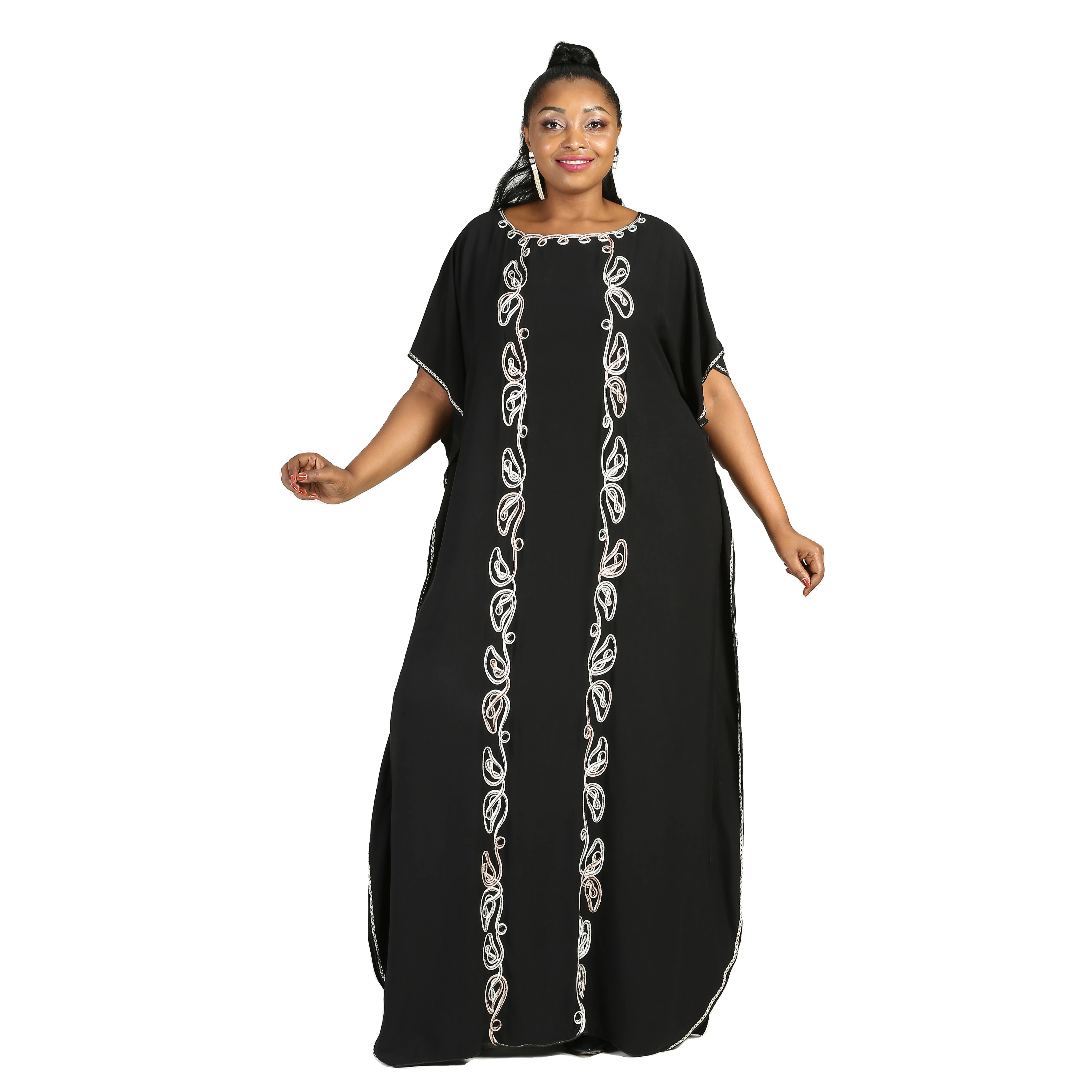 Women African Plus Size Vintage Round Neck Robe Batwing Sleeve Floral Embroidery Plain Kaftan