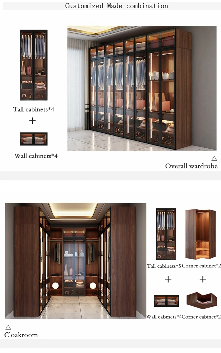 2020 best fashion wardrobe wooden wardrobe high glass door with LED Light in bedroom custom cabinets factories