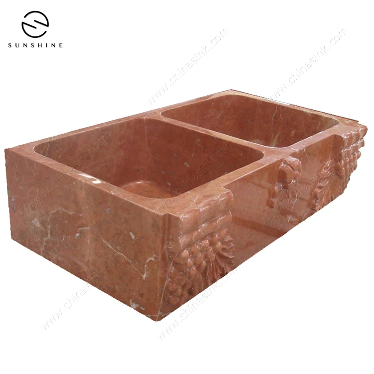 Factory Direct Price Rojo Alicante Red Marble Stone Double Bowl Kitchen Sink