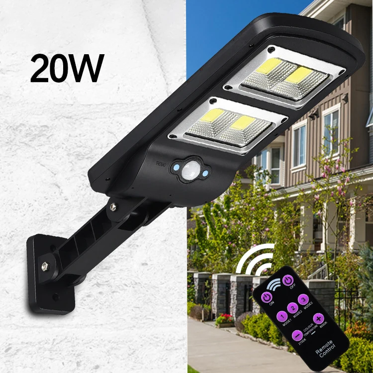 20W 2400mAh 3 Lighting Modes Outdoor Remote Wireless Motion Sensor 64PCS COB LED Solar Light for Yard Garage Garden Park Farm