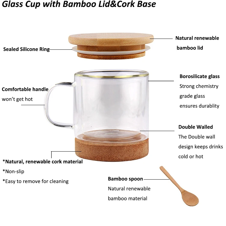 Glass Bamboo Travel Coffee Mug With Lid And Handle Double Wall Borosilicate Glass Tea Bottle