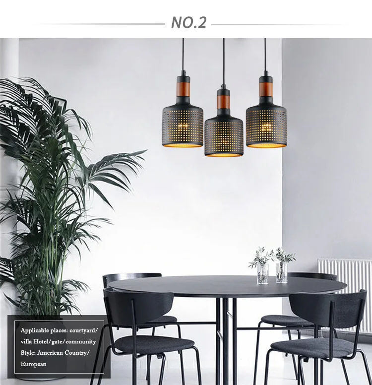 Modern Decorative Black  Solid Wood E27 Vintage Restaurant Hanging Pendant Lamp
