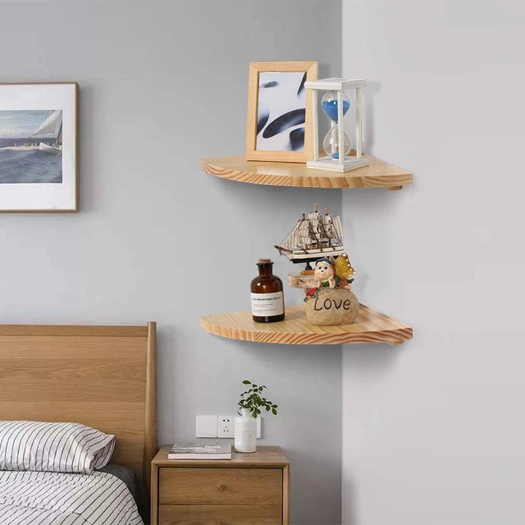Solid wood 3 tier wooden wall mount corner shelves for living room