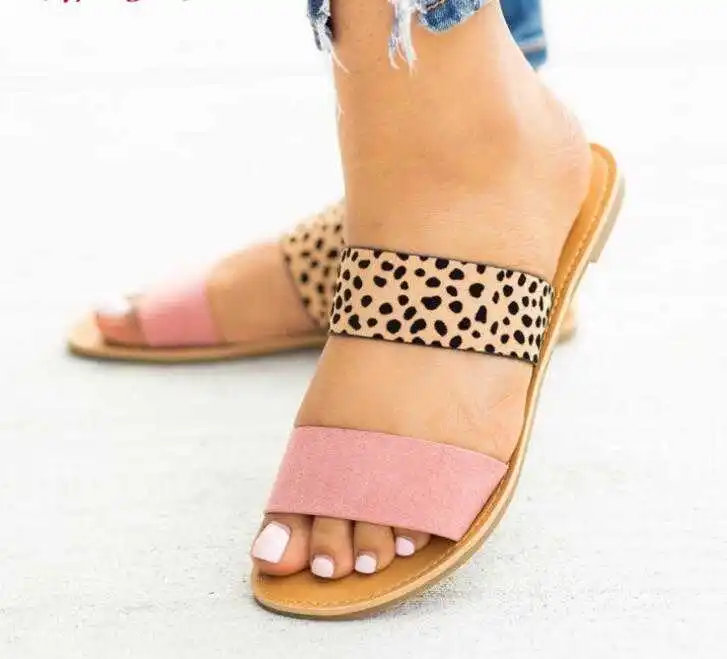 Women Shoes Large Size Leopard Sandals Spring Summer Wedge Buckle Shoes Slipper