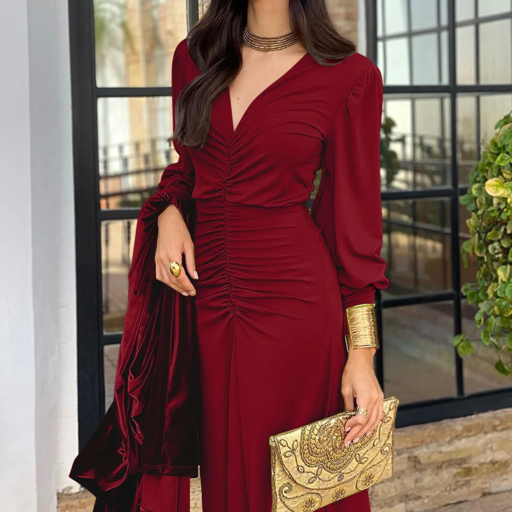 Elegant Floor-Length Floral 3D Pattern Dress Long French Skirt Translucent Features Lantern Sleeve Ruched Ruffles for Women XL