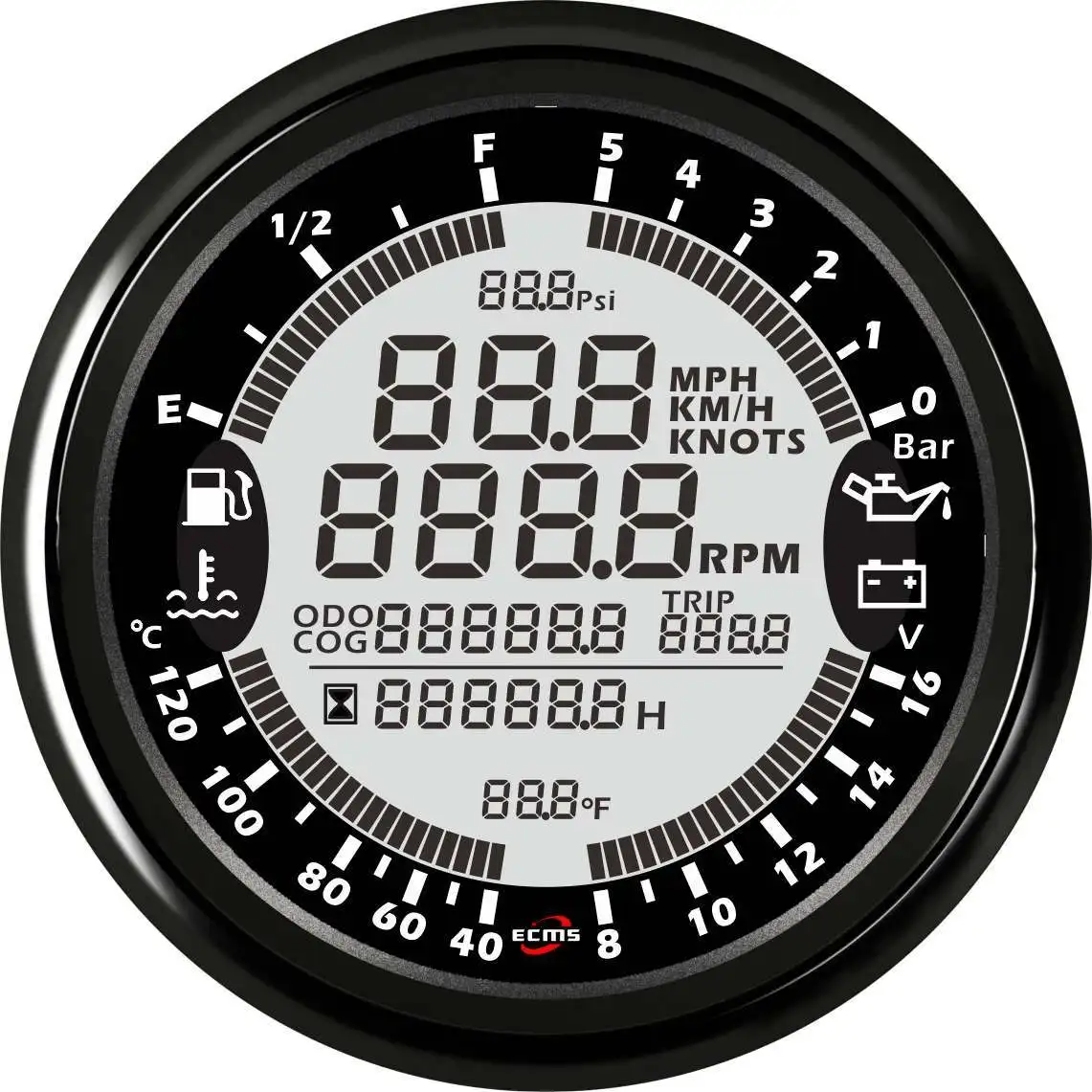 Boat Digital GPS Speedometer Tachometer 6in1 MultiFunction Gauge 8-16V 10Bar 85mm