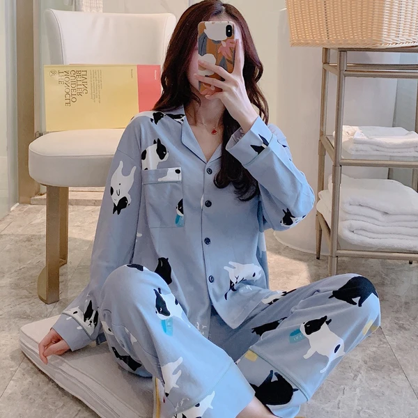 
Polyester pajamas long-sleeved printed milk silk ladies large size pajamas wholesale pajama women 