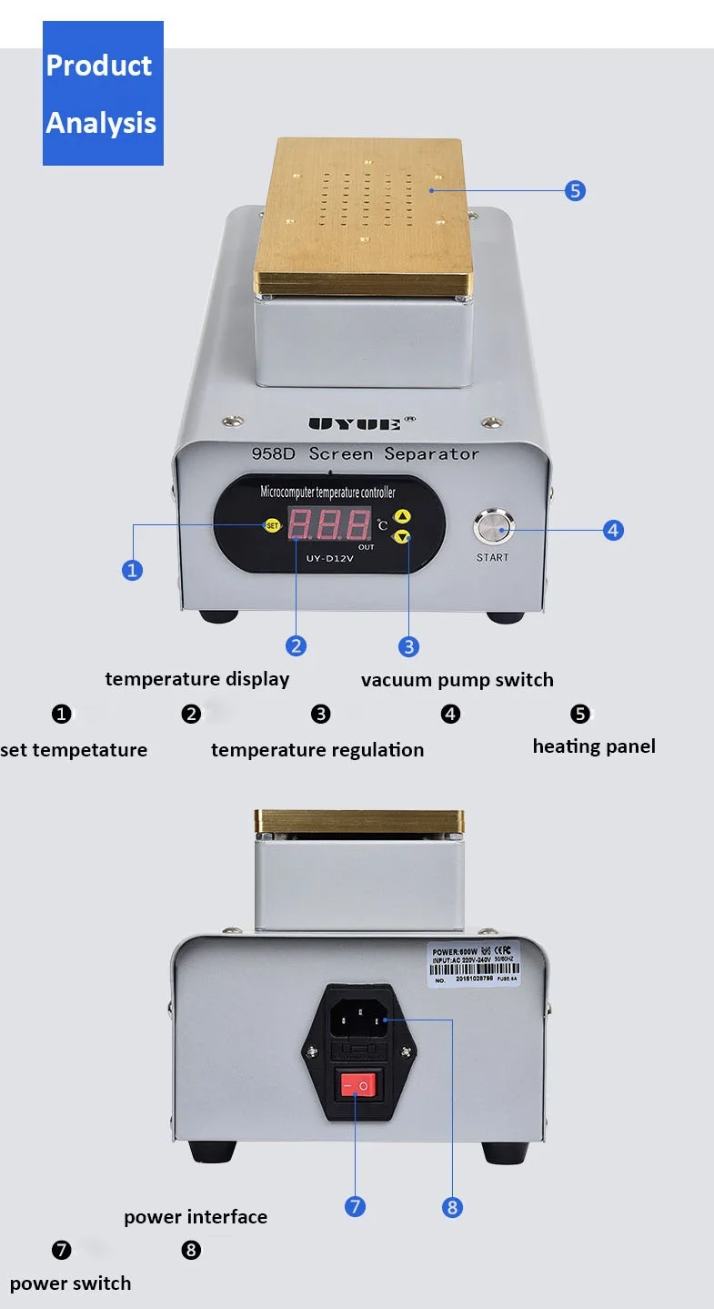 UYUE 958D Built-in Two Big Pumps Newest 7 Inch Vacuum LCD Separator Machine for iPhone X LCD Screen Separation