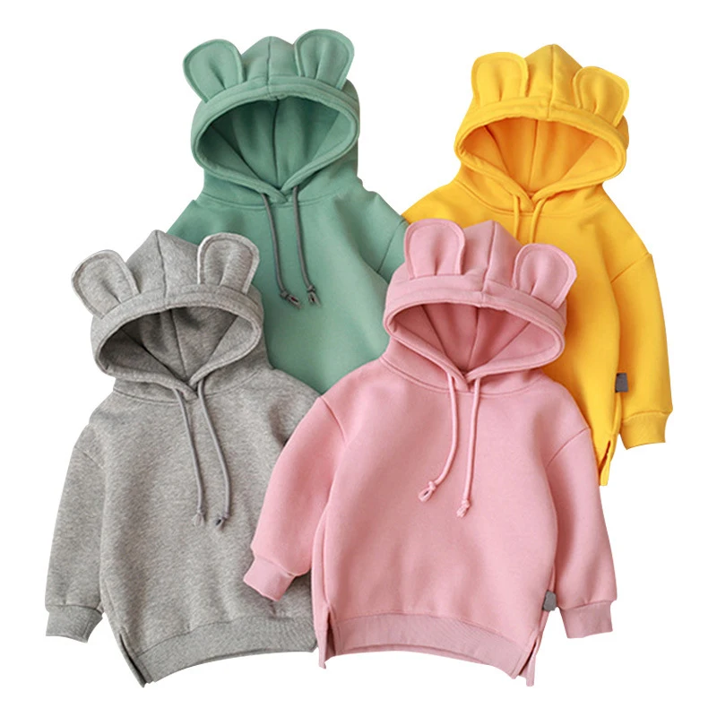 
Wholesale 2020 winter custom 100% cotton kids clothing fleece drawstring hoodies with bear ears 