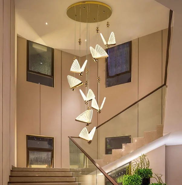 Butterfly design modern crystal high ceiling lamp led chandelier with gold finish ceiling chandelier