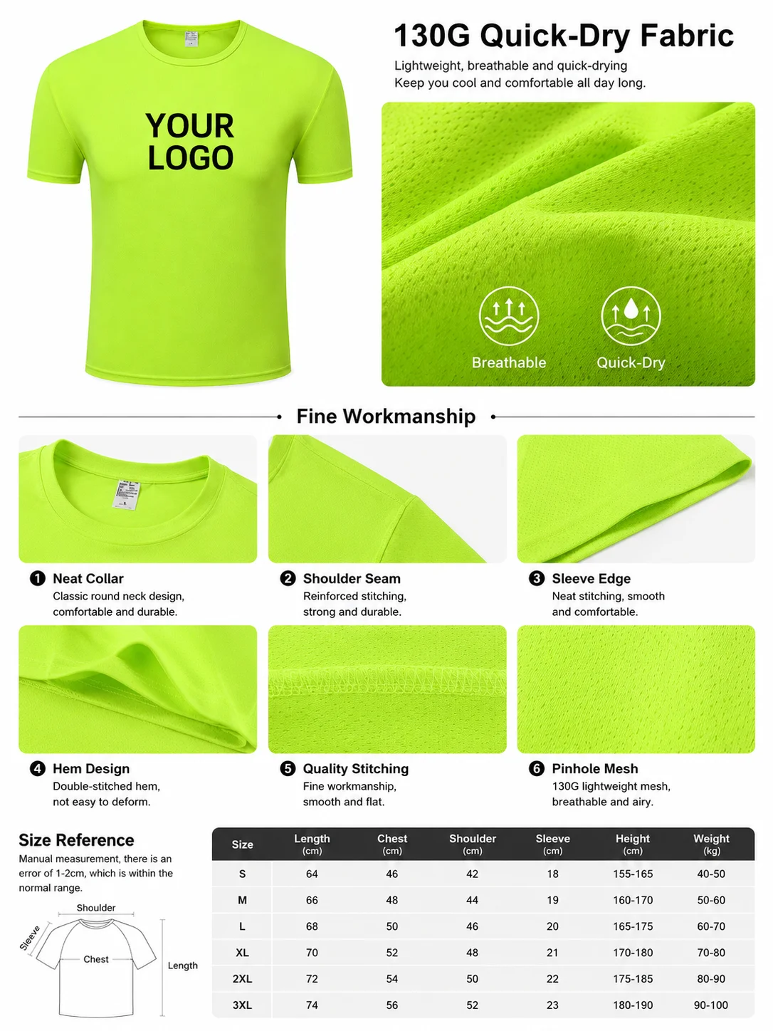130gsm Quick Dry Round Neck T-Shirt Custom Logo Summer Uniform Promotional Sportswear OEM Bulk